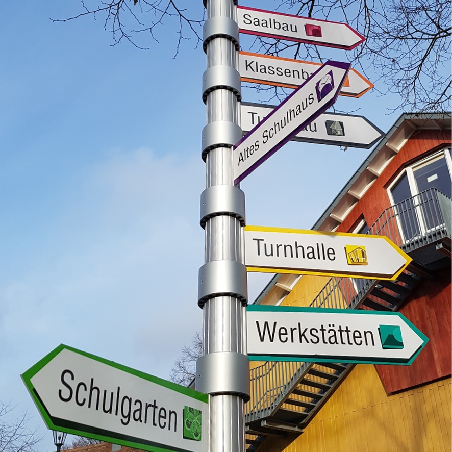 Wegweiser zur Freien Waldorfschule Gutenhalde. Grafisches Symbol für Anfahrt zur Schule